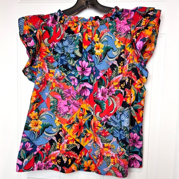 Chelsea & Theodore Vibrant Floral Sleeveless Ruffle Tie Neck Blouse, EUC, Sz L - Picture 6 of 6